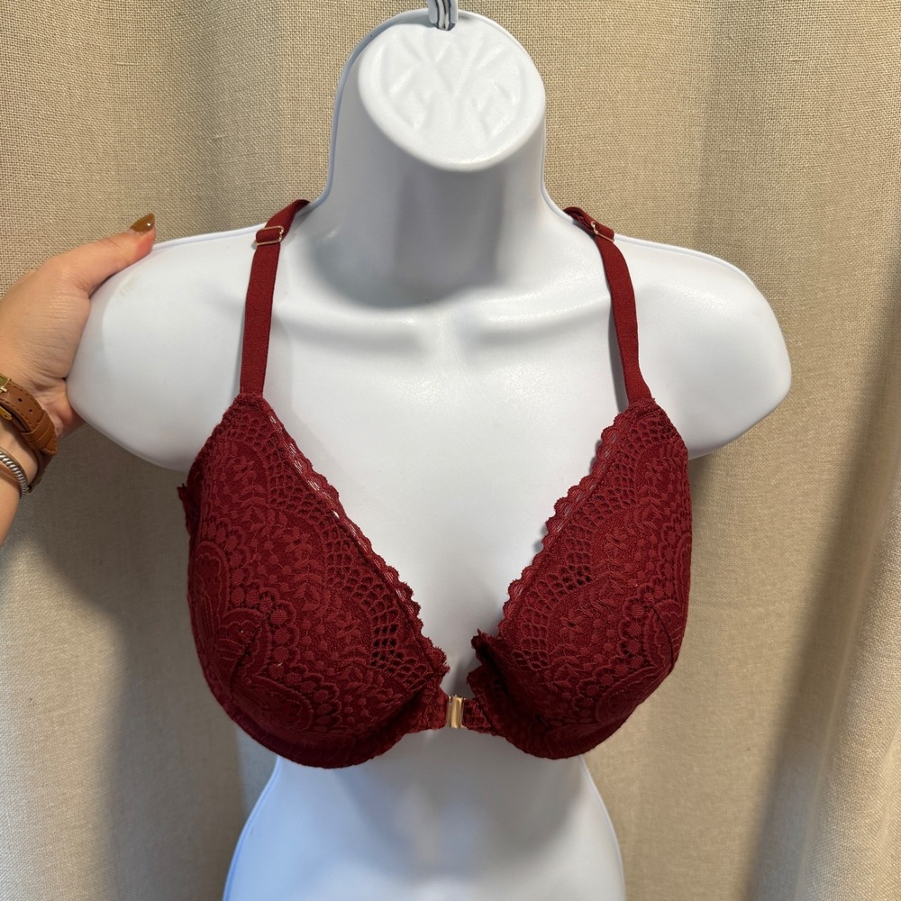 Audren Burgundy Red Lace Plunge Bra Gold Hardware 34DD